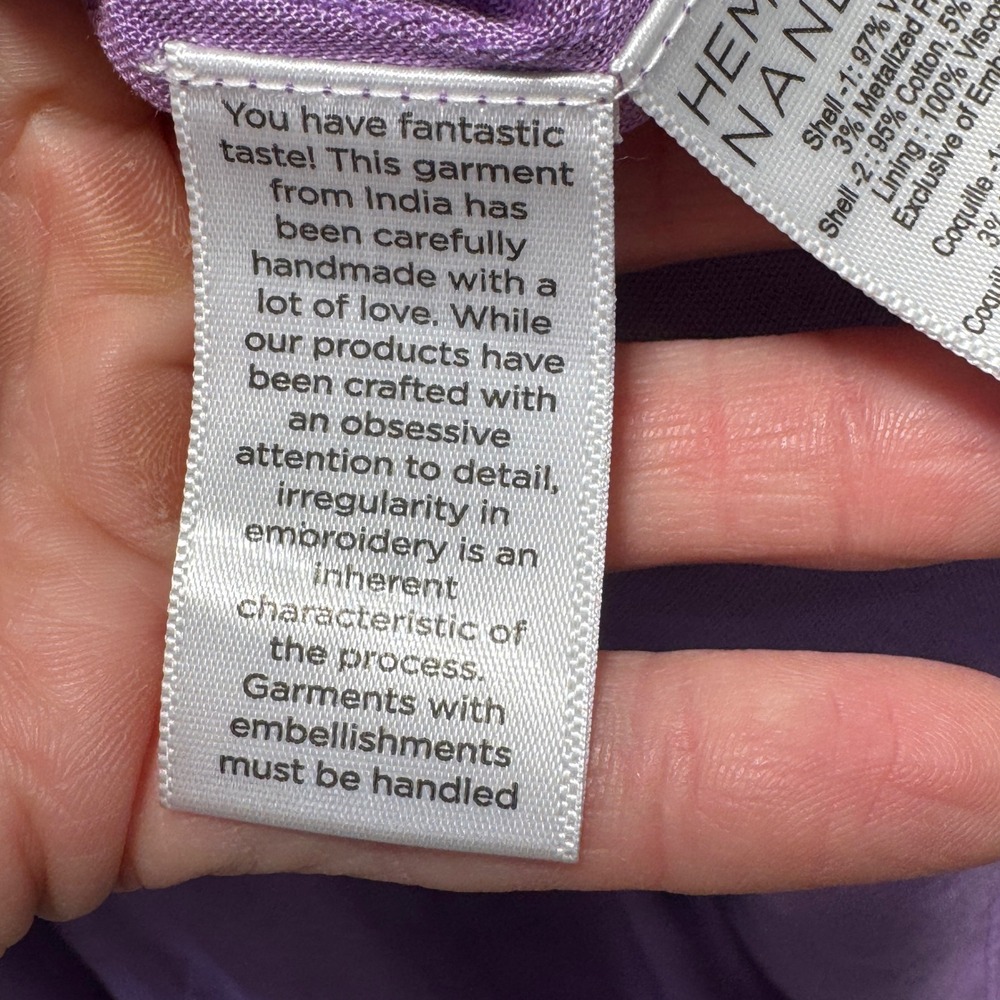 Hemant and Nandita Mini Dress Purple Floral Metallic Ruffle XS Bohemian Tassel - Picture 9 of 9